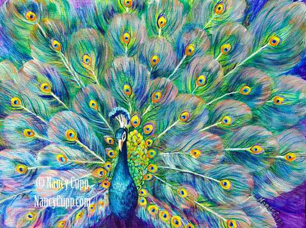 THE EYES HAVE IT acrylic painting on hardboard by Nancy Cupp of a peacock painted in iridescent paints tha change colors.  Original is sold.