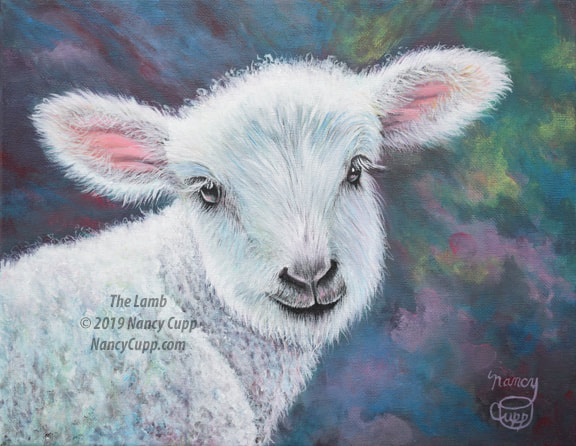THE LAMB acrylic painting by Nancy Cupp of a white lamb's head against a blurry pink, aqua, and green background.