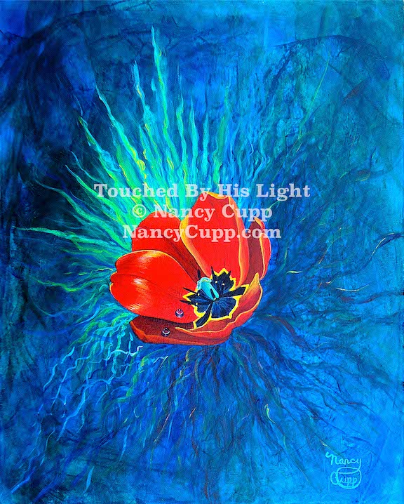 TOUCHED BY HIS LIGHT acrylic painting by Nancy Cupp of a single red tulip against a blue background