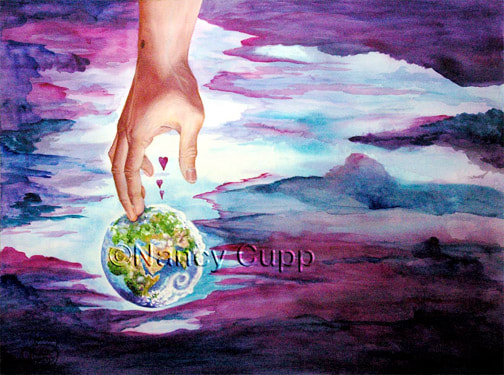 TRUST ME watercolor by Nancy Cupp of God's hand over the Earth