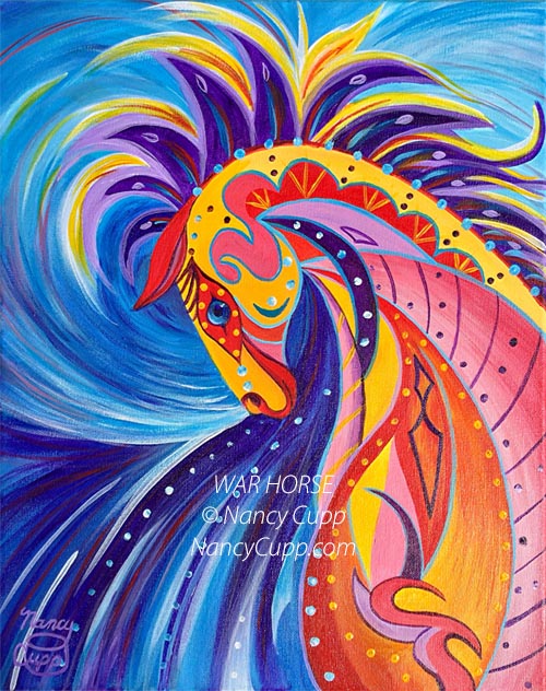 WAR HORSE acrylic painting by Nancy Cupp of a horse head using decorative shapes and colors to embellish the design.